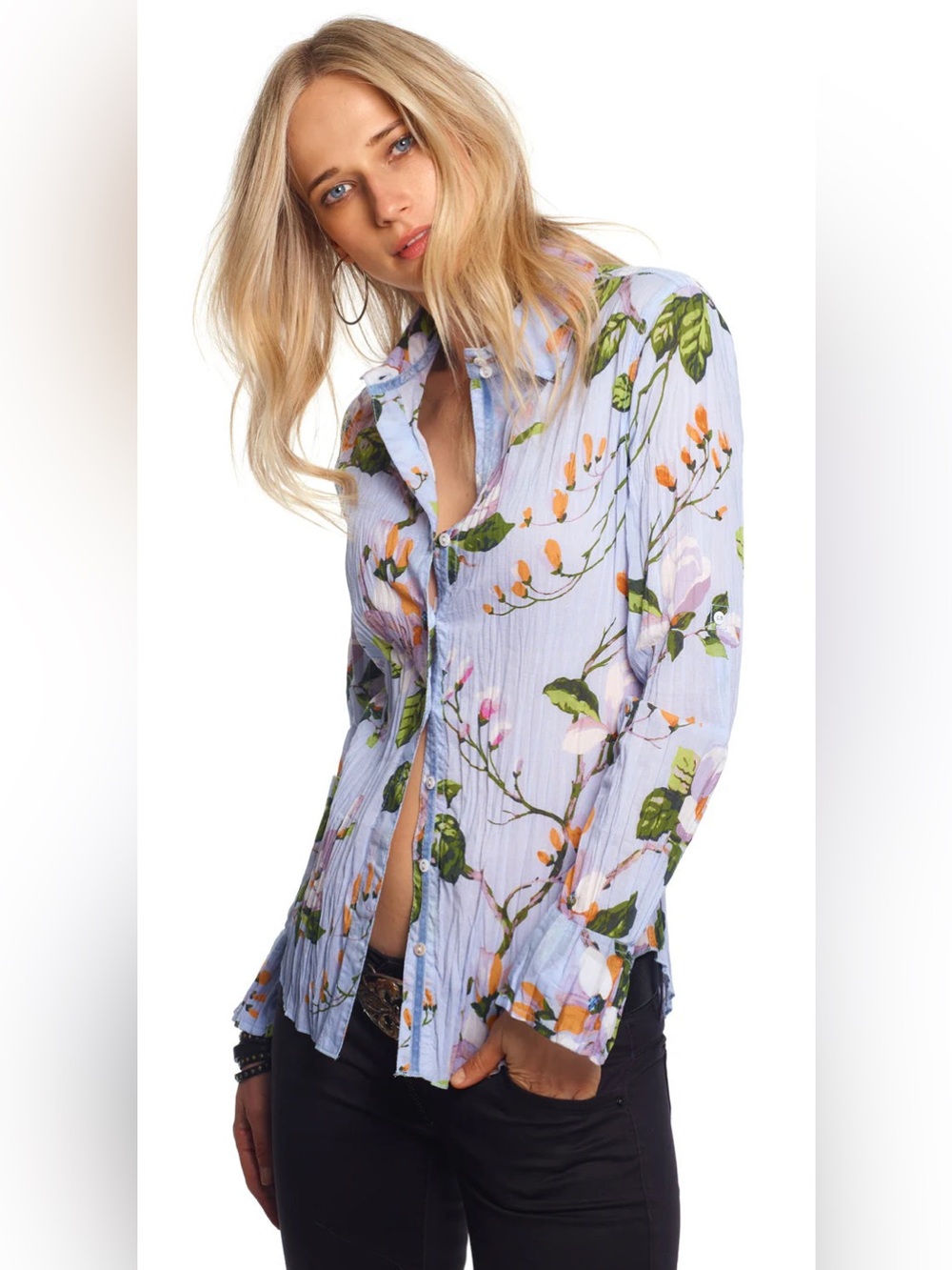 Cino Shirt Top Blouse Womens M Magnolia Floral Crinkle Lightweight Boho Preppy